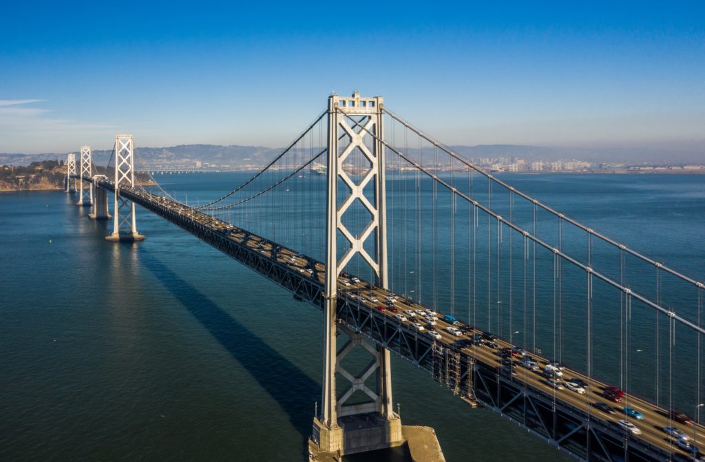 Aerial view of traffic on the West Span of the San Francisco Bay Bridge