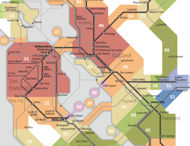 A decorative map showcasing the different and overlapping transit jurisdictions in the Bay area. 