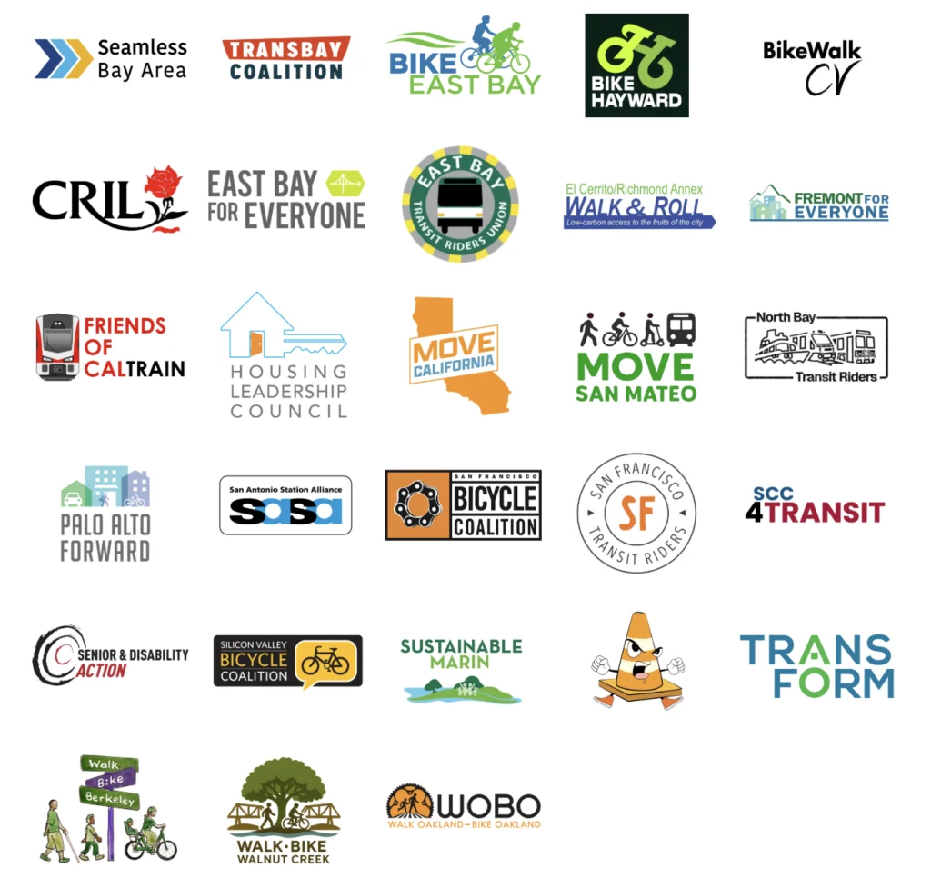 Grid of the 28 logos for San Francisco Bay Area transit, housing, and bicycle advocacy groups who participated in the 2026 candidate questionnaire.